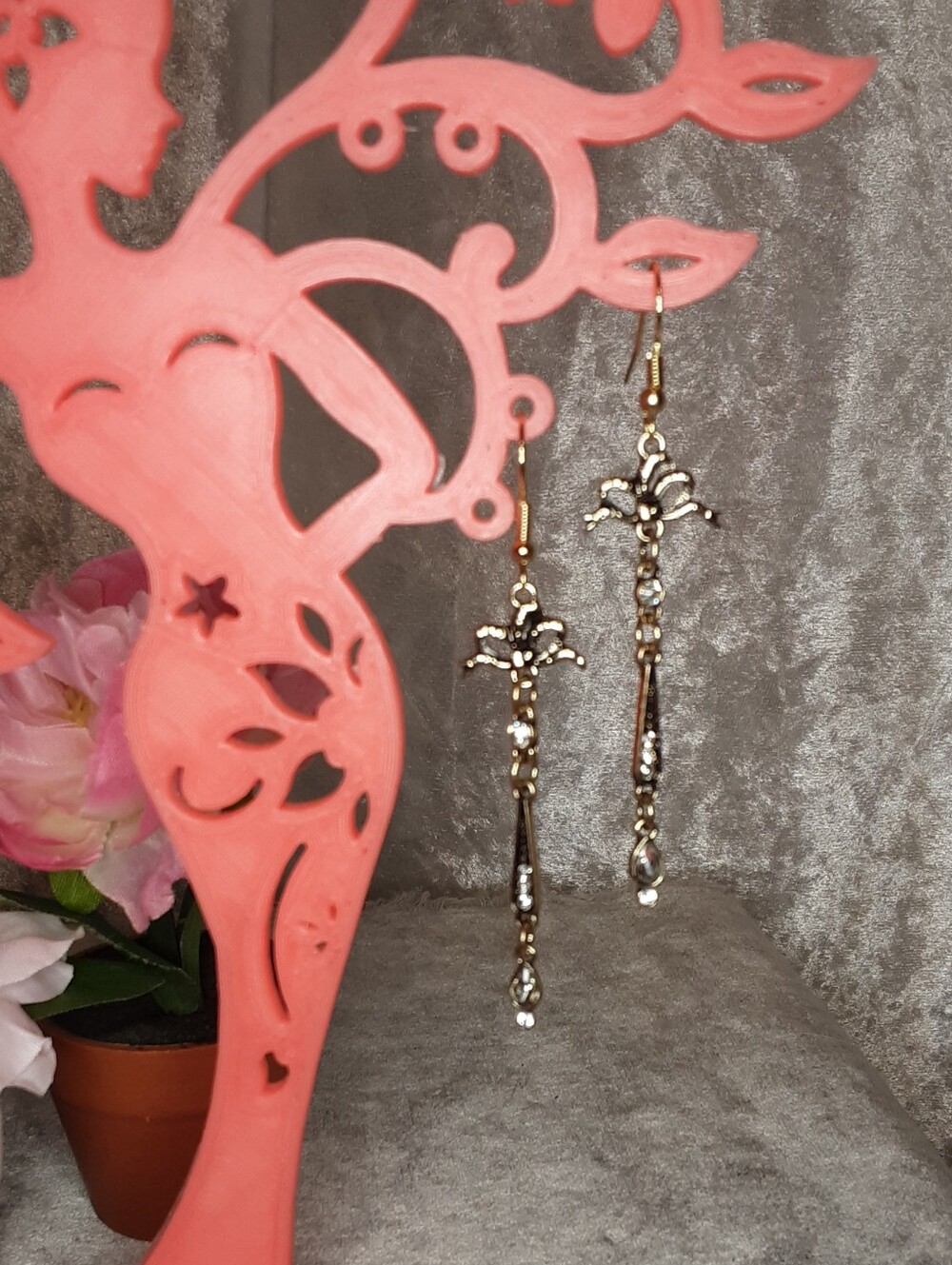 Handmade Dainty Long Drop Crystal Dangle Earrings - Gold Tones